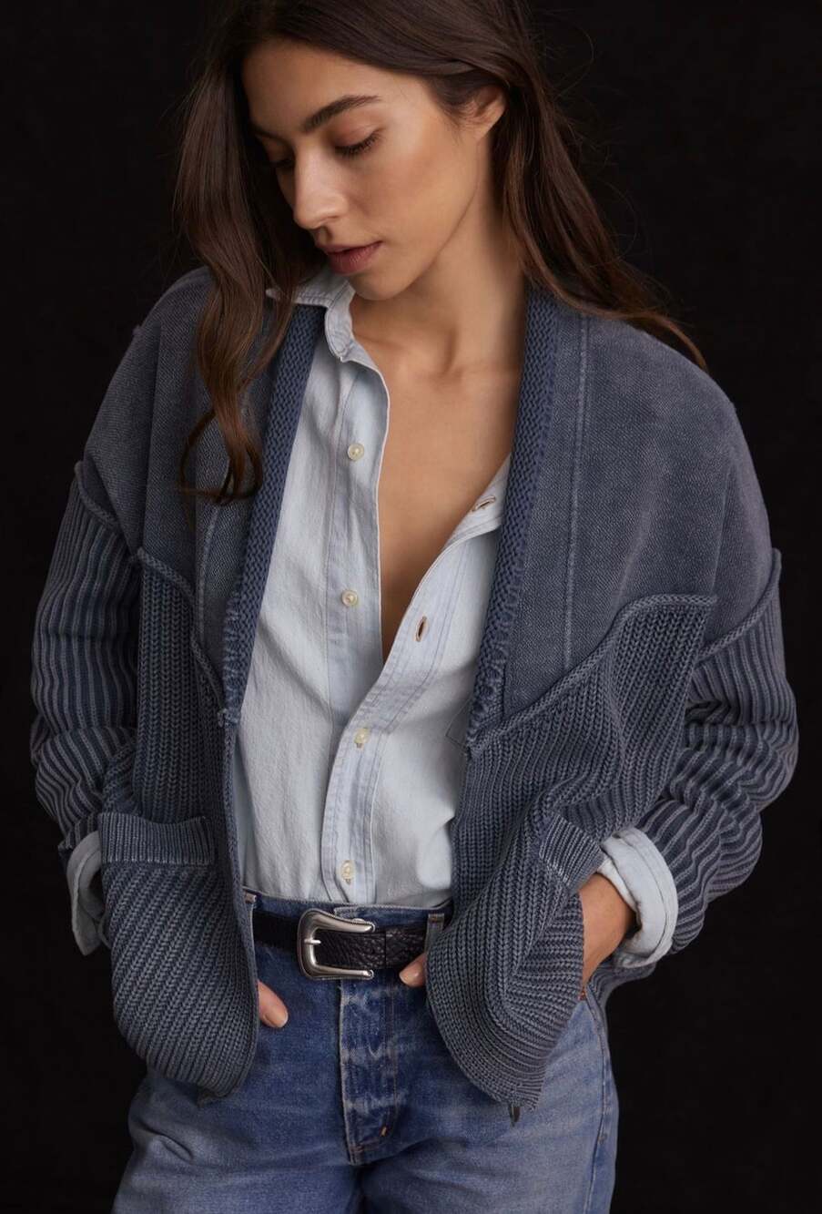 Pilcro Acid Wash Cardigan Size S Blue Cotton Sweater
